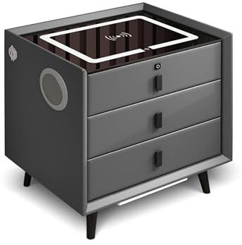 Nightstand with Fingerprint Lock Drawer, Smart Nightstand with Charging Station and LED Light Strip, Side Table with Speakers, Small Bed Side Table, 2 Draws/3 Draws(GREY,3 draws)