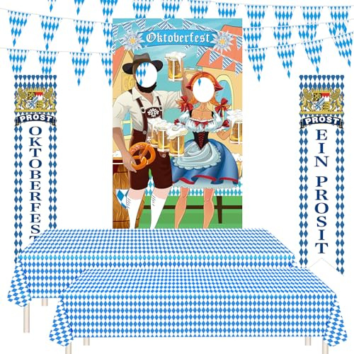 PLULON Kit de 6 decoraciones fiesta Oktoberfest telón fondo fotos Oktoberfest pancarta bienvenida porche mantel bávaro bandera cuadros fiesta temática alemana en blanco azul suministros fiesta cerveza