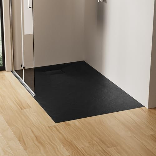 EMKE Duschwanne 140x90 cm Duschtasse Flach SMC Rutschfeste Brausewanne Schwarz Höhe 2.6 cm Steinoptik Duschwannen Ablaufgarnitur 90 mm