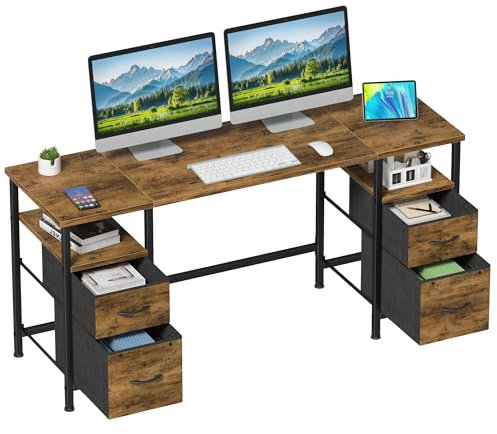 OYRREU 140x48cm Scrivania con 4 Cassetti in Tessuto, Scrivania Computer Ufficio PC Desk in Legno, Tavolo Scrivanie per ufficio Gaming Computer da Studio per il Lavoro e il Gioco a Casa