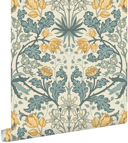 Esta Home Tapete Blumenmuster im Jugendstil Blau und Gelb 50 x 900 cm
