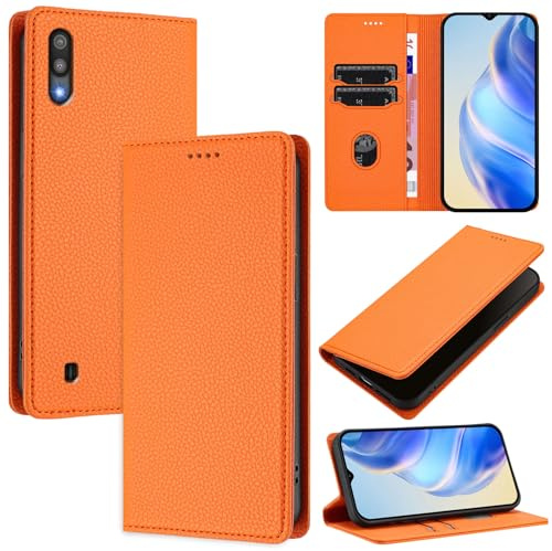 DENDICO Coque pour Samsung Galaxy A10, RFID Blocage Portefeuille Etui à Rabat, Housse en Cuir PU pour Samsung A10, Orange