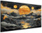 DARO Design® Leinwandbild Groß 84x56 cm XXL Wohnzimmer Deko Modern Wandbild Kunstdruck auf Leinwand Bild Schlafzimmer über Bett Room Decor Geschenke Abstrakt Berge Gold Sonne Fluß Gipfel Wolken