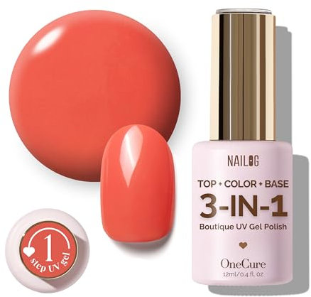 NAILOG OneCure Gel Nail Polish 12ml | Top Coat Color Gel Base 3-In-1 Formula Soak Off UV Polish for Home DIY & Gifting | Coral