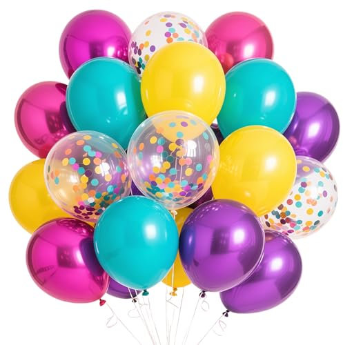 60 pièces Ballons violets, roses et bleus, ballons multicolores bleus, violets et jaunes, ballons en latex violet métallisé avec confettis, idéaux pour les anniversaires de filles, les mariages