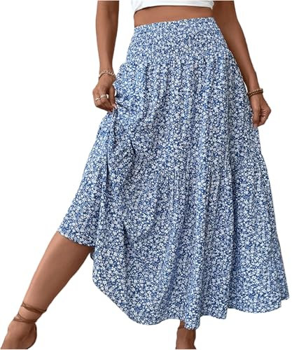 Sommerrock Damen Leicht Und Luftig Kordelzug Mit Taschen Kleid Maxi Rock Damen Plissee Freizeitrock Strandkleid Bohemien Druck Boho Kleid Strandkleider(8-Blue,S)