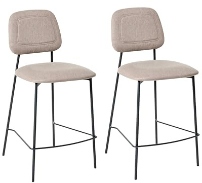 Beliani Modern Bar Dining Chairs Set Upholstered Faux Linen Seat Iron Black Base Taupe Duette