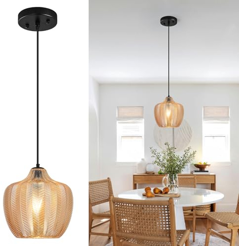 SHJNGMY Bernstein Glas Pendelleuchte Küche Insel 26.5 CM Globe Hängeleuchte Höhenverstellbare Moderne Bauernhaus Hängelampe Beleuchtung für Schlafzimmer Esszimmer (1 Packung)