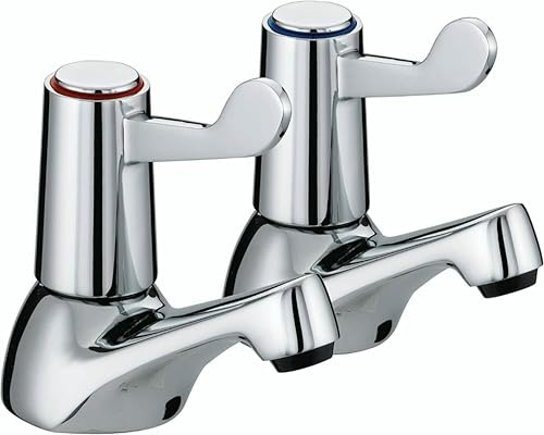 Pair of Bathroom Basin Sink Taps – Chrome Brass Pillar with Ceramic Lever, Hot & Cold Water Mixer, Modern Deck Mounted Basin Faucet for Bathroom or Kitchen Wash Basin