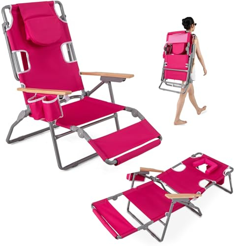 GOPLUS Silla de Playa Reclinable 3 en 1 con Reposapiés, Tumbona Extensible Plegable Exterior con Orificio para la Cara, Respaldo Ajustable, Toallero, Bolsillos de Almacenaje (Rojo)