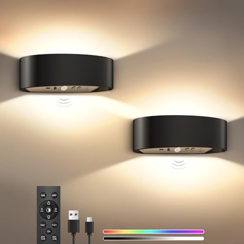 SNADER Akku Wandleuchte Innen/Aussen mit Bewegungsmelder & Fernbedienung 3 Farbtemperatur Wandlicht und 15 Farboptionen, Kabellose Wandlampe Innen Batterie mit Schalter, Aufladbare Wandlampe Dimmbar