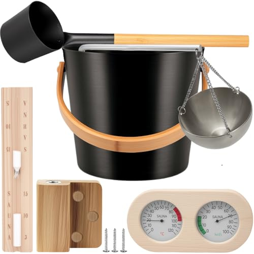 katikies Sauna Accessories Kit, Bucket and Ladle Set, Thermo-Hygrometer, Hourglass, Aromatherapy Bowl Oil Cup Holder, 5-Pack (Aluminum)