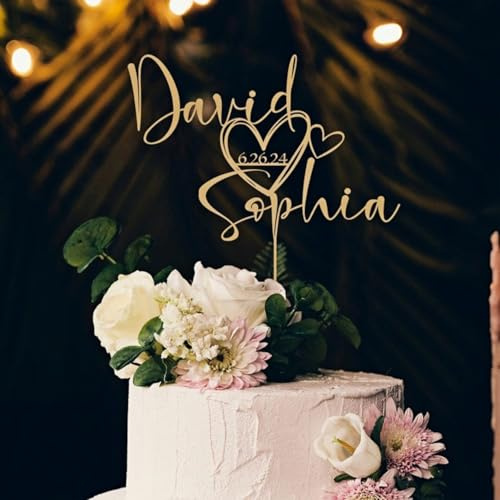 Topper For Torta Nuziale Personalizzato, Topper For Torta Personalizzati Con Due Nomi E Data, Decorazione Con Ciondolo For Festa Di Fidanzamento In Acrilico Multicolore(B)