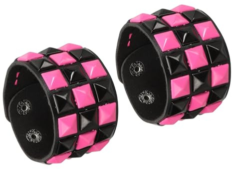 QUARKZMAN 2 Stück Leder Punk Armband 8.7 Zoll/22cm Geschichtete Reihe Quadrat Nieten Goth Spike Stachelbesetztes Armband Verstellbares Armband Manschette Armreif Für Halloween Emo Pink