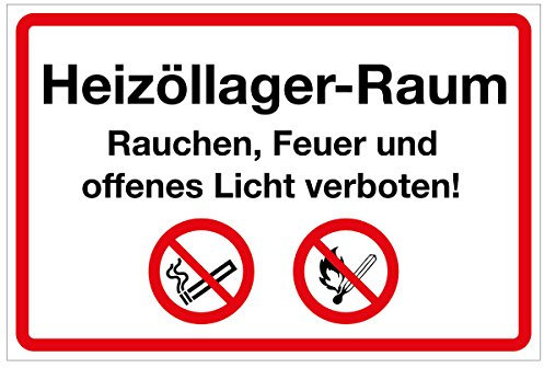 WANDKINGS Hinweisschild - Heizöllager-Raum Rauchen, Feuer und offenes Licht verboten! - stabile Aluminium Verbundplatte - Wähle eine Größe - 20x15 cm