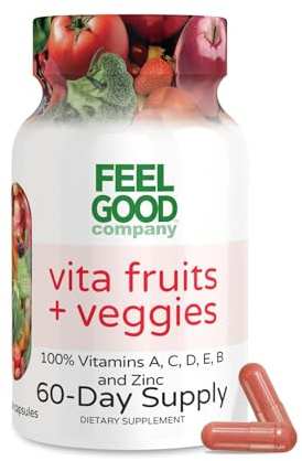 FEEL GOOD Superfoods Vita Fruits and Veggies Capsules - 25 Superfood Ingredients, Fruit and Vegetable Multivitamin, 60 Count - for Men and Women - Vitamins A, C, D, E, B and Zinc
