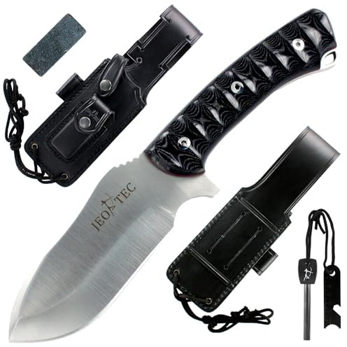 JEO-TEC Nº35 Outdoor Camping Gürtelmesser Jagdmesser Überlebensmesser Survival Bushcraft Messer - Stahl MOVA - Lederscheide Feuerstahl Messerschärfer - Single Edge