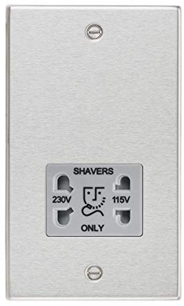 Knightsbridge Square Edge Dual Voltage Shaver Socket in Brushed Chrome with Grey Insert