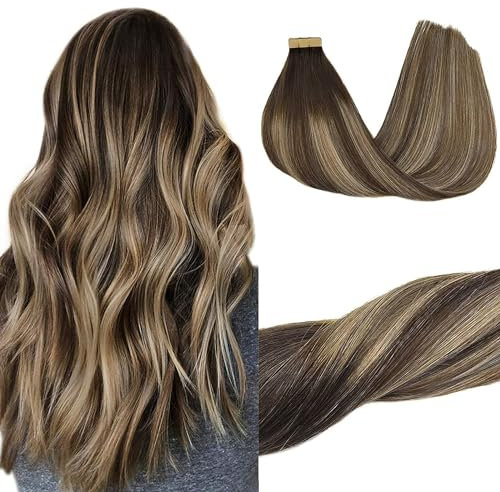 GOO GOO Tape in Extensions Echthaar, Tape Extensions Echthaar, 40cm 50g 20pcs, Extensions Echthaar, Haarverlängerung Echthaar, 4/26/4 Schokobraun bis Honigblond