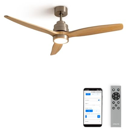CREATE / WINDSTYLANCE/Ventilador de techo con luz níquel aspas madera natural con Wifi y mando / 40W, Silencioso, Ø132 cm, 6 velocidades, temporizador, verano-invierno, doble altura
