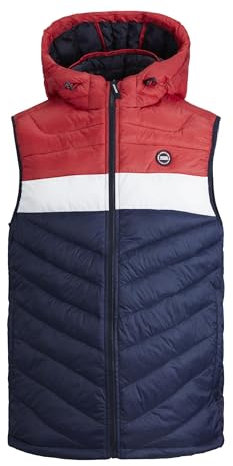 JACK & JONES Men's Sleeveless Gilet Full Zip Lightweight Hooded Puffer Vest Quilted Bodywarmer Jacket for Men, Navy Blazer/True Red Colour, Size- L