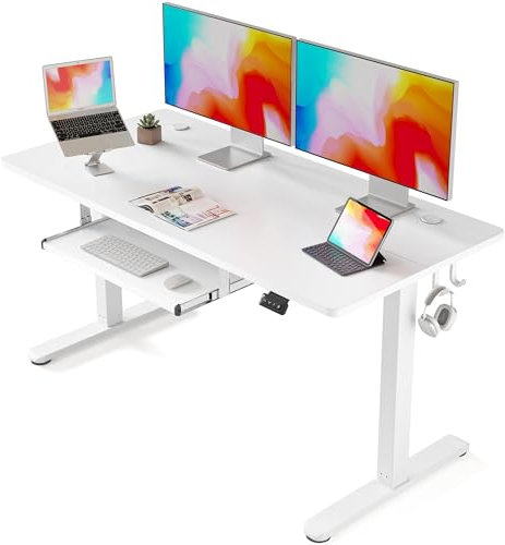 FEZIBO 140 x 60 cm Schreibtisch Höhenverstellbar Elektrisch mit Tastaturablage, Stehpult T-Beine aus Stahl mit Memory-Steuerung, Anti-kollisions System, Weiß