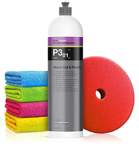 Autopolitur Set: Koch Chemie Micro Cut & Finish P3.01 Glanzpolitur (1L) - Micro-Schleifpolitur mit Carnaubawachs - Entfernt feine Kratzer und versiegelt den Lack - Auto polieren, Politur | 6-teilig