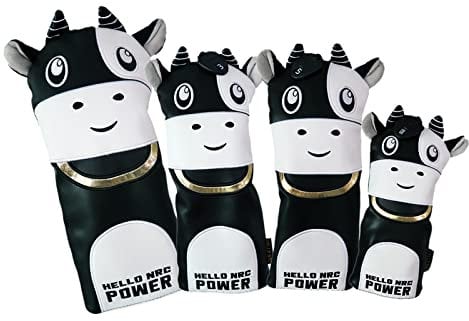 pistro Set of 4 Cute Cow Golf Driver Fairway Wood Hybrid Cover Headcover Waterproof Golf Club Head Cover Protector Guard Long Neck for Drivers Hybrid Fairway - Black