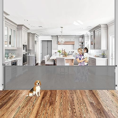 Babygitter, extra breit, einziehbar, für extra breite Öffnungen, einziehbares Hundegitter, extra lang, für drinnen und draußen, Treppengitter für Kinder oder Haustiere, Netz-Hundegitter, Grau