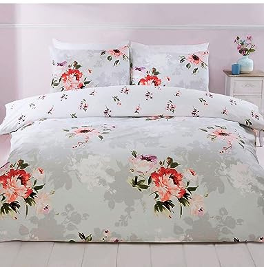 Rapport Home Floral Reversible Duvet Cover Set – Soft Microfibre Grey Single Bedding, Easy Care Fabric with Elegant Floral Print, 2-Piece Bedding Set