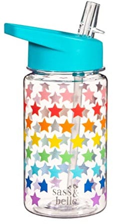 Sass & Belle Rainbow Stars Water Bottle – 400ml Reusable BPA-Free with Foldable Straw Lid, Colourful Star Design, Lightweight and Durable Kids Water Bottle for School, Travel, or Gifts