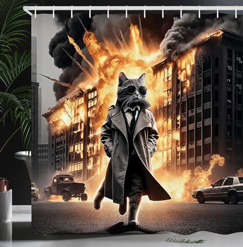 ABAKUHAUS Katze Duschvorhang, Filmische Szene eines Agentenkätzchens in Sonnenbrillen Action Abenteuer Humor, Stoffliches Gewebe mit Haken, 175 x 200 cm, Blasses Orange Dunkelgrau