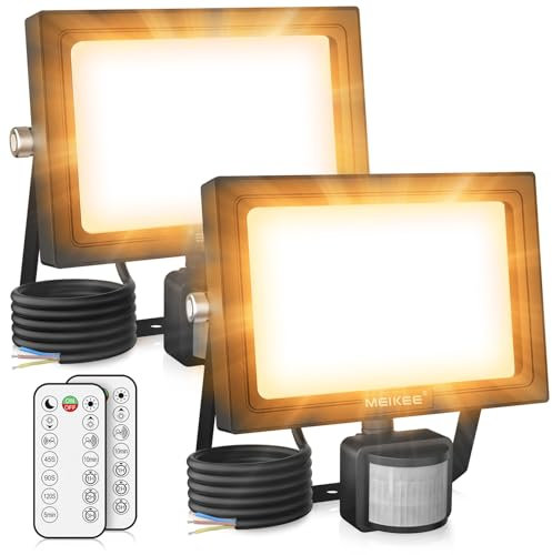 MEIKEE 2 x 35W LED Spotlight with Motion Sensor and Remote Control 350-3000LM 2700K Warm White 3 Modes 10 Brightness Levels Outdoor LED Floodlight IP66 Waterproof for Garden Garage