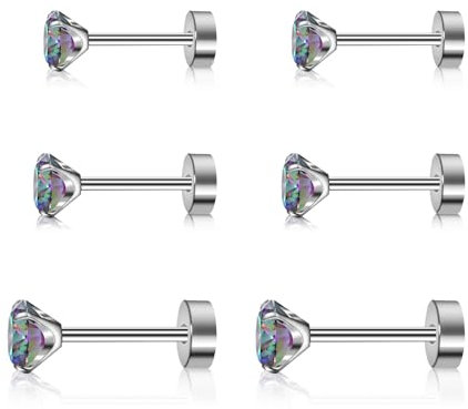 Artskin 3 Paare Titan Cubuic Zirkonia Ohrstecker für Frauen Männer CZ Ohrring Ohrstecker Hypoallergen Flach zurück Ohrringe Silber Mädchen Knorpel Ohrring Set 3mm-5mm