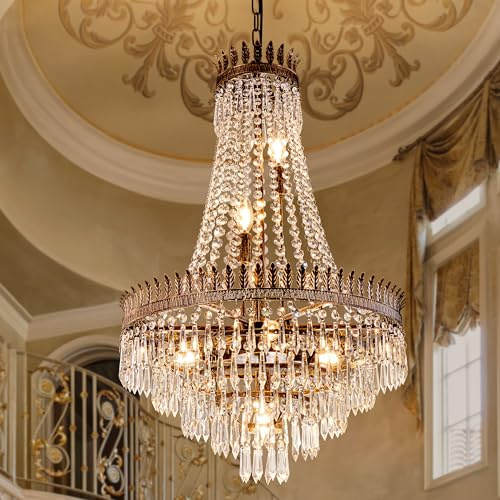 TOCHIC Crystal Chandelier, 7-Light French Empire Crystals Chandelier for Dining Living Room, Rustic Farmhouse Adjustable Antique Bronze Chandeliers Lighting for Bedroom, Kitchen, Foyer