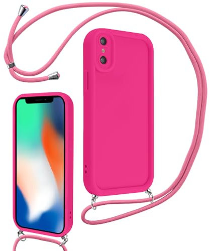 Coalbooliy Cover per iPhone X/XS 5,8 con Cordino per Cellulare, Custodia Silicone con Regolabile Collana Sottile Morbida Case Protezione della fotocamera Antiurto con Necklace, Rosa Rossa