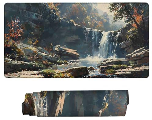 Landscape Gaming Mouse Pad XXL (32 x 12 x 0.12 inch), Anti-Slip Base Mousepad Black Desk Pad Water-Resistant Surface Large Mouse Mat, Stitched Edges Gaming Mouse Mat for Home Office Gaming Room 4-D