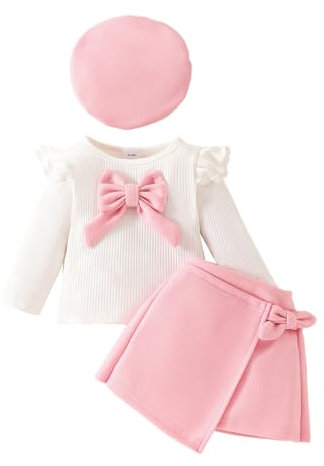 Alvivi Completo Bambina 3 Pezzi Vestito Elegante da Pricipessa Bimba Top a Maniche Lunghe con Gonna e Basco Vestiti Neonata da Battesimo Compleanno Autunno Inverno Rosa 3-4 anni