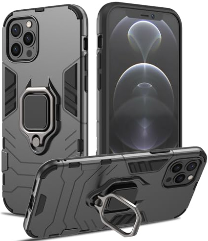 RIIMUHIR Hülle für iPhone 12/12 Pro, Panzerhülle mit 360° Metall Ring Ständer, Kratzfestes Stoßfest Hart Handyhülle, Armor Hülle mit Kameraschutz (Schwarz)