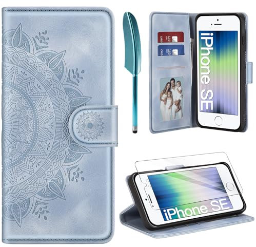 ivencase Lederhülle für iPhone SE 2022/2020 iPhone 8/7 Hülle und Schutzfolie, Premium Klappbar Handyhülle Flip Wallet, [Kartenfach] [PU Leder] [Ständer] Schutzhülle, Himmelblau