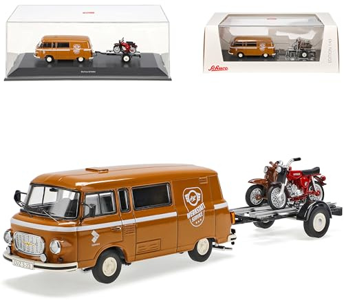 Barkas B1000 Transporter Braun Werkstatt Service mit Anhänger und 2X Simson DDR 1961-1990 1/43 Schuco Modell Auto mit individiuellem Wunschkennzeichen