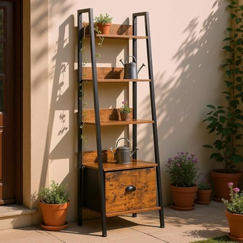 FurnitureR Garten-Beistelltisch Leiterregal 42x29x141 cm, 5 Ebenen, Stoffschublade, 12 mm Holzplatten & 20 mm Metallrahmen, 7,5 cm Rückwand, Outdoor & Balkon Deko-Regal