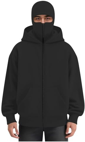 UHouse Balaclava Zip Hoodie Herren Sweatjacke mit Sturmhaube Warm Kapuzenpullover mit Reißverschluss Hoody Männer mit Kapuze Herbst Winter Kapuzenjacke Übergangsjacke