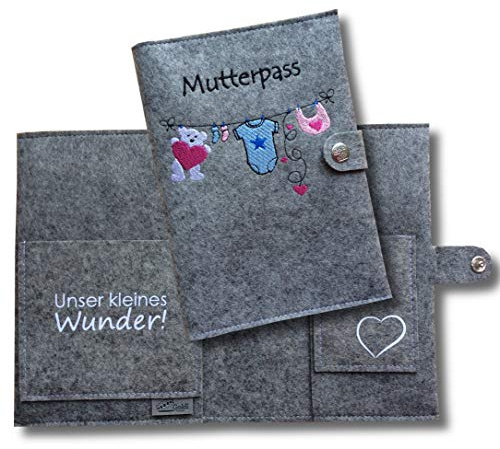 Goldi-Design Mutterpasshülle Mutterpass Schutzhülle - Wäscheleine - 2 Innenfächer - Druckknopfverschluss mit Logo - grau meliert