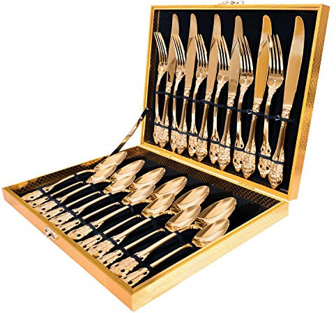 ZCF 24-Piece Gold Flatware Silverware Set,18/10 Heavy Duty Stainless Steel Flatware Service for 6,Cutlery Include Knife/Fork/Spoon/Coffee Spoon,Mirror Polished, Dishwasher Safety