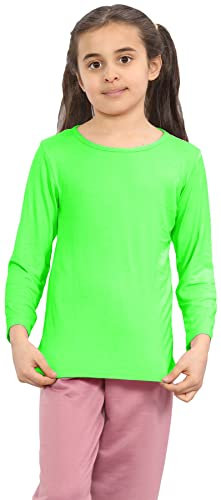 janisramone® Kids T Shirts - Casual Boys Long Sleeve T Shirt - Round Neck Girls School Shirts, Stretchy Comfortable Boys Girls Long Sleeve Top Neon Green