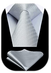 HISDERN Krawatte Hellgrau Herren Krawatten mit Einstecktuch Hochzeit Elegant Krawatte & Taschentuch Set Business