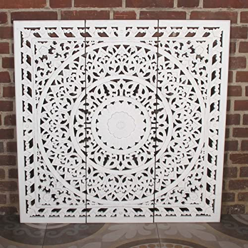Casa Moro Orientalisches XXL Holz Mandala HAWA 90x90cm weiß braun 3tlg handgeschnitzte Wandpaneele aus MDF zum Hängen & Stellen im Shabby Chic Wandbild | Fensterdeko & Wand-Dekoration | MD1039
