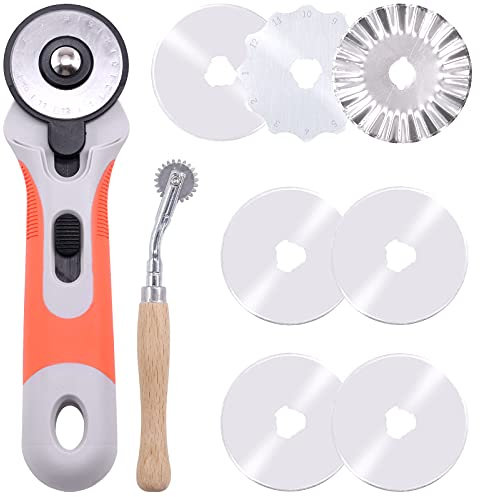 Wokape 45mm 10Pcs Quilting Rotary Cutters Kit with 7Pcs Replacement Rotary Blade, 2Pcs 4mm and 2mm Leather Needle Point Tracing Wheel, Ideal Rotary Cutter for Fabric Leather Quilting Fabric Craft Tool
