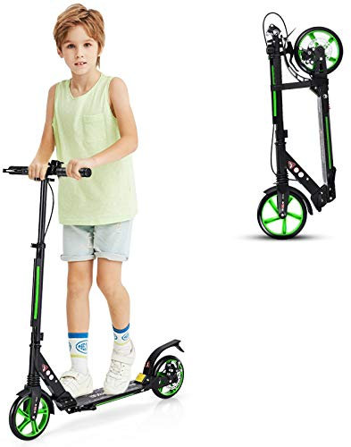 RELAX4LIFE Kickscooter Klappbar & Höhenverstellbar, Cityroller mit Klingel & Ständer, Scooter mit Doppelfederung & Traggurt, Tretroller bis 100kg belastbar, für Kinder & Erwachense, PU Räder (Grün)